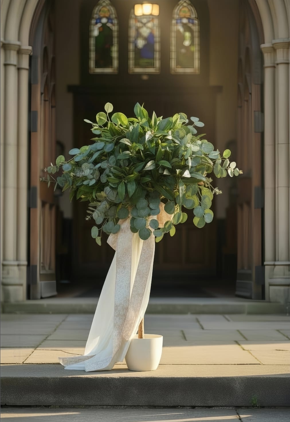 Topiary tree in white vase wedding decor
